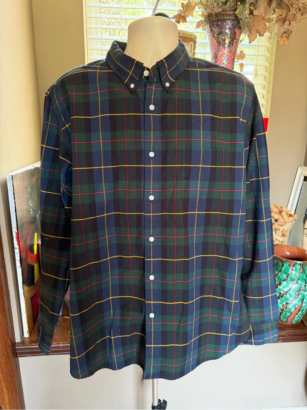 Crew Black Watch Tartan Plaid Oxford Shirt Slim Fit XL All Cotton Button Down
